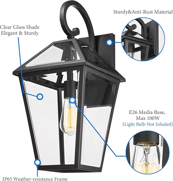 Large Outdoor Light Fixtures Wall Mount 21'' Waterproof Exterior Wall Lanterns with Glass, Outdoor Wall Light, Outside Wall Sconces, Front Porch Lights for House Garage Doorway Patio 1 Pack