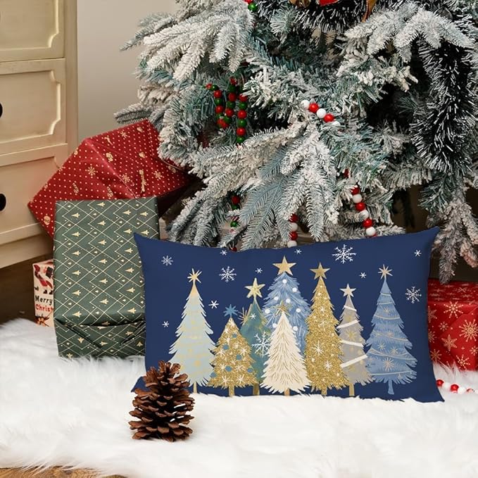 AACORS Christmas Pillow Cover 12X20 Inch Watercolor Christmas Tree Stars Decoration Holiday Farmhouse Winter Pillow Case for Sofa Couch Decor（Blue） AA608-12