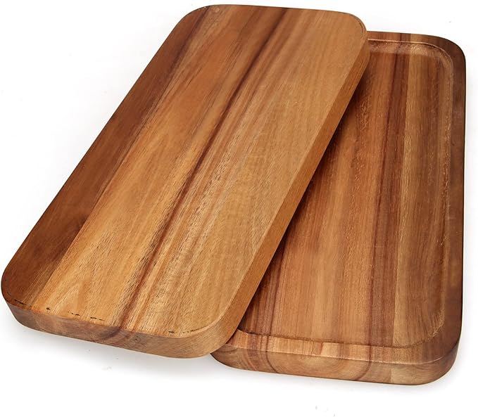 2 Pcs Rectangular Serving Platters for Food Dish Party Wooden Charcuterie Boards 14" x 7" Acacia Wood Trays for Kitchen Counter Decor Rectangle Dessert Plates Cheese Board Snack Appetizer Platter