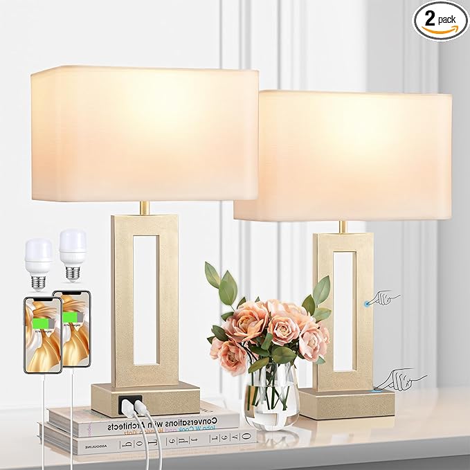 Bedroom Table Lamps Set of 2 - Touch Bedside Lamps with USB C+A, 3 Way Dimmable Gold Lamp for Nightstand, Modern Night Stands Lamps for Living Room End Tables Desk Bed Side Study Room(16.4n)