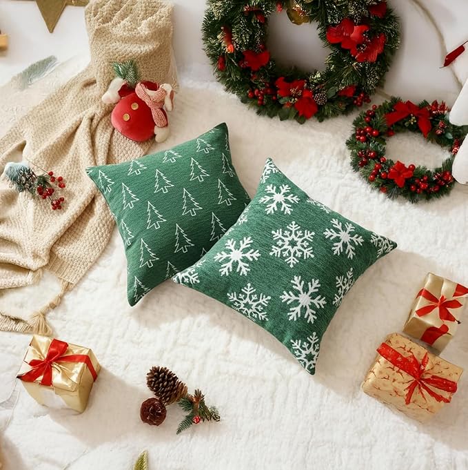 Soft Chenille Christmas Pillow Covers 20x20 Set of 2, Reversible Snowflake & Tree Pattern, Thick & Cozy Farmhouse Holiday Decor Cushion Cases with Hidden Zipper for Sofa Couch Bed(Green,20x20)