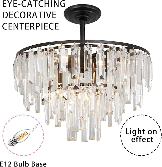 Black Modern Round Top K9 Crystal Chandelier Lighting Fixture, 6 Lights Round K9 Crystal Adjustable Hanging Lamp for Dining Room Bedroom Living Room,Hallway,Bar,Kitchen W17'