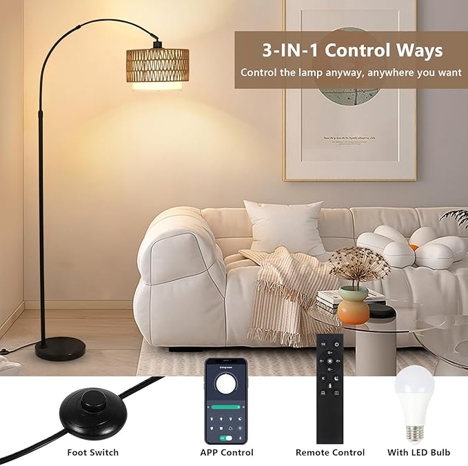 Arc Floor Lamp with Remote, Modern LED Floor Lamp with Dimmable Bulb, Boho Farmhouse Standing lamp with Fabric & Rattan Lampshades, Height Adjustable Black Tall Lamp for Living Room Bedroom