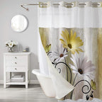 Muuyi Yellow Watercolor Floral Shower Curtain,No Hook Shower Curtain,Polyester Shower Curtains with Snap in Fabric,Sheer Top Window for Bathroom Decor,Waterproof & Washable,72x75 Inch