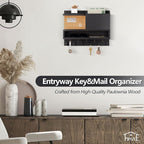 Key Holder for Wall Mount with Mail Organizer, Farmhouse Key Holder for Wall with Shelf, Chalkboard&Corkboard, Entryway Organizer 11 Metal Hooks, Decorative Natural Pine Wood, 14.6*11.1*3.3”, A-Black