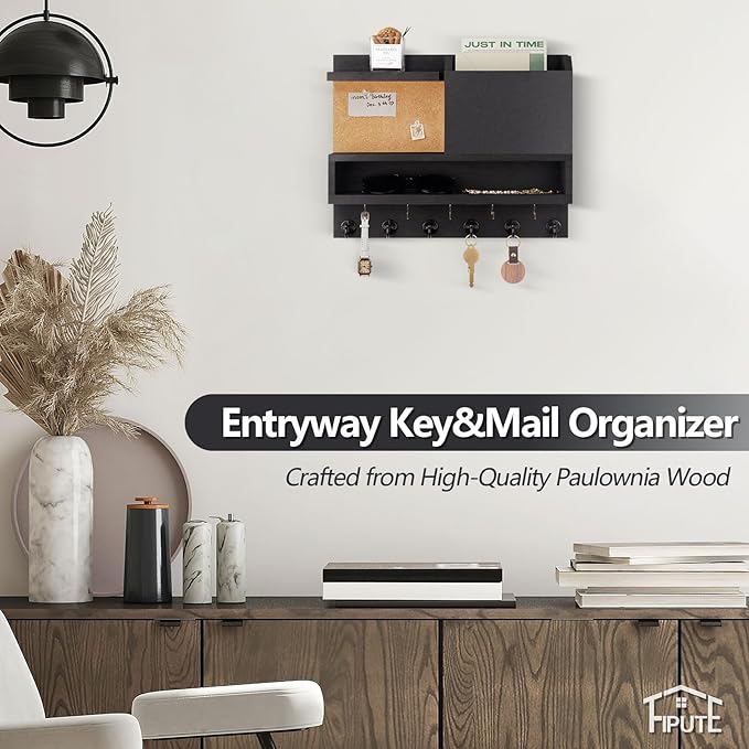 Key Holder for Wall Mount with Mail Organizer, Farmhouse Key Holder for Wall with Shelf, Chalkboard&Corkboard, Entryway Organizer 11 Metal Hooks, Decorative Natural Pine Wood, 14.6*11.1*3.3”, A-Black