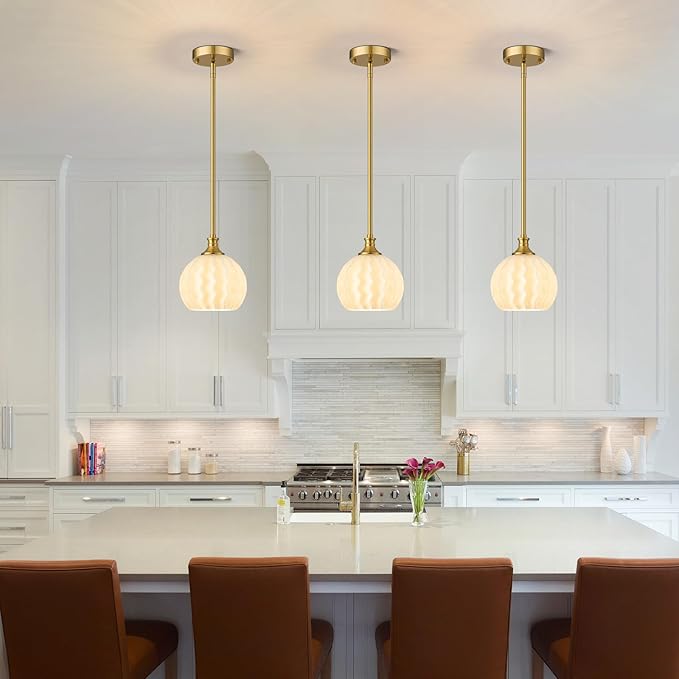 Brushed Gold Pendant Lights Kitchen Island, 1-Light 7.3" Modern Milk Glass Pendant Light Fixtures with Rods, Globe Hanging Lighting for Kitchen Sink Bathroom Dining Room, E26 Base