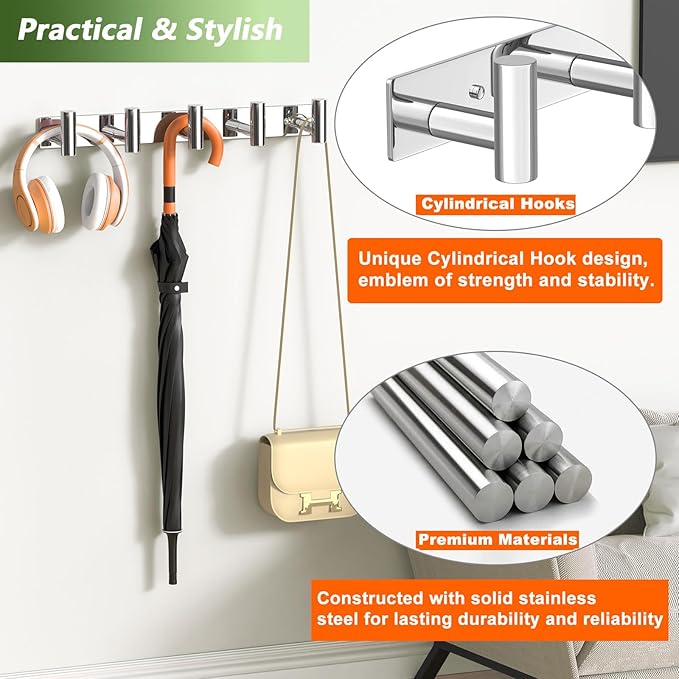 Wall Mounted Coat Rack-5 Hooks, Heavy Duty Stainless Steel Wall Hooks for Towel Coat Bag, Hat Rack Coat Hanger Coat Hooks Towel Racks for Bathroom Entryway Kitchen Hotel (Glossy, 1 Pack)