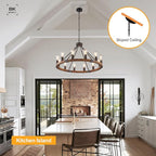 Farmhouse Wagon Wheel Chandelier 31" Black Rustic Light Fixtures 12-Light Wood Round Chandelier for Dining Room Living Room Entryway Foyer