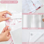 QiyI No Hook Shower Curtain with Snap in Fabric Liner, Pink Eucalyptus Shower Curtain with See Through Top Window, Waterproof Washable Cloth Ringless Shower Curtain Set for Bathroom, 72 x 75