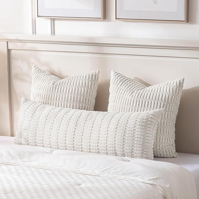 Fancy Homi Cream Boho Long Body Lumbar Decorative Throw Pillow Cover 20x54 Inch for Bed Couch Bedroom Bench, Soft Corduroy Rectangle Solid Pillow Case 50x137 cm, Rustic Farmhouse Room Decor