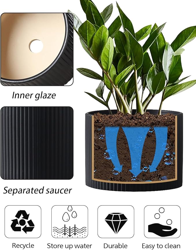 Ceramic Plant Pots, 8.1 + 6 Inch Planters for Indoor Plants, Modern Flower Pots for Plants with Drainage, Medium Cylinder Flower Pots for Indoor Plants, House Plants, Matte Black