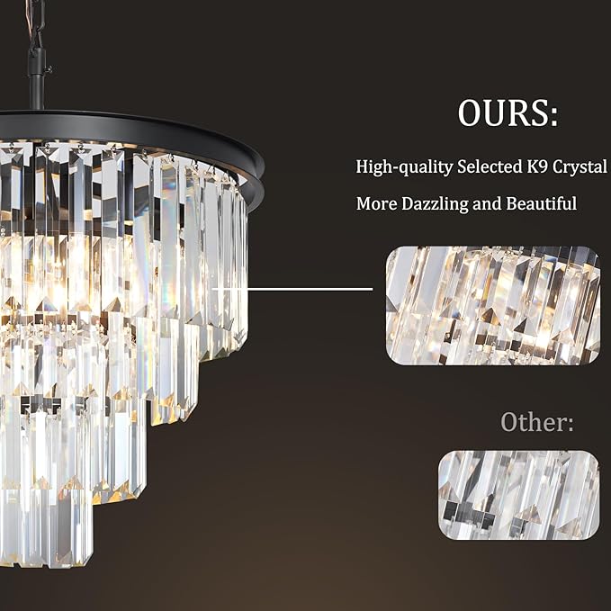 Black Crystal Chandeliers for Dining Room, 4-Tier 5 Lights Modern Chandelier Contemporary Luxury Top K9 Crystal Ceiling Pendant Light Fixture for Foyer Kitchen Bedroom Closet 18"