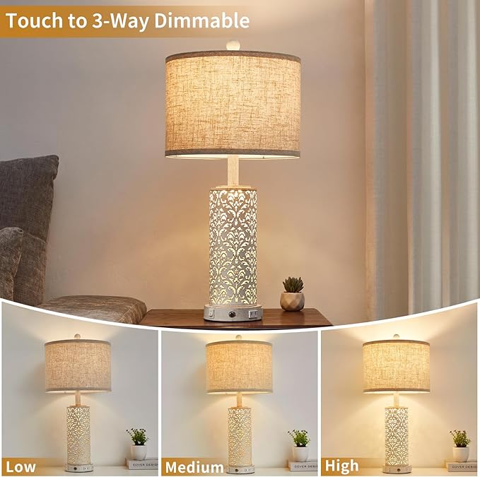 26" Set of 2 Farmhouse Table Lamp, 3-Way Dimmable Touch Control with Nightlight, 2 USB Ports + AC Outlet Vintage Rustic Bedside Lamp for Living Room Bedroom and Nightstand (White-2 Pack)