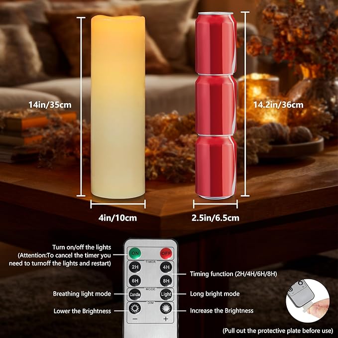 Kimjo 14" x 4" Large Outdoor Candles with Remote: Battery Operated LED Flameless Candles with Timer - Realistic Fake Waterproof Flickering Pillar Candles for Patio Porch Lanterns (Ivory 2 Pack)