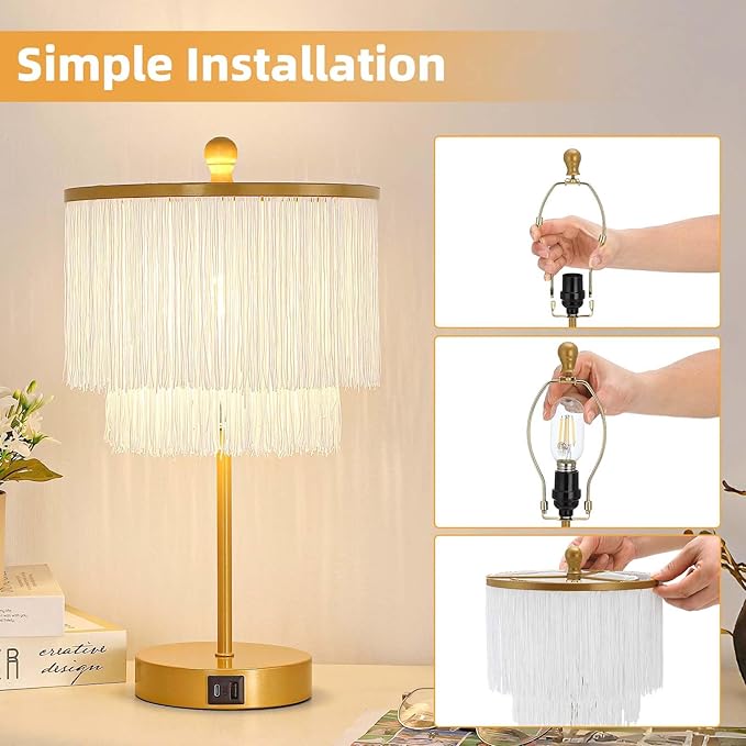 Boho Lamp for Bedroom, 3-Way Dimmable Bedside Touch Lamp with USB Charging Port, Gold Table Lamp, Fringe Boho Table Lamp for Living Room, Teens Room, Dresser, Nightstand, LED Bulb Included