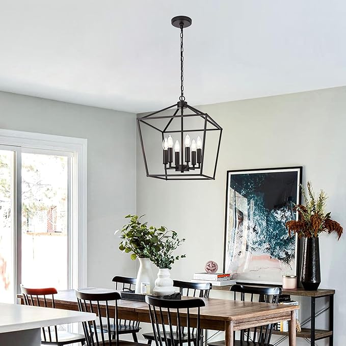 MELUCEE 16 Inches Farmhouse Chandelier 6-Light Oil Rubbed Bronze Cage Hanging Lights Rustic Lantern Pendant Lighting for Kitchen Island Dining Room Foyer Hallway, E12 Base