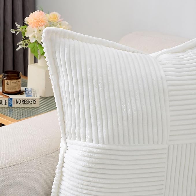 HAUSSY Pure White Large Decorative Throw Pillow Covers 26x26 Inch Set of 2,Soft Solid Corduroy Striped Cushion Case,Square Euro Pillow Shams,Winter Home Decorations for Couch,Bed