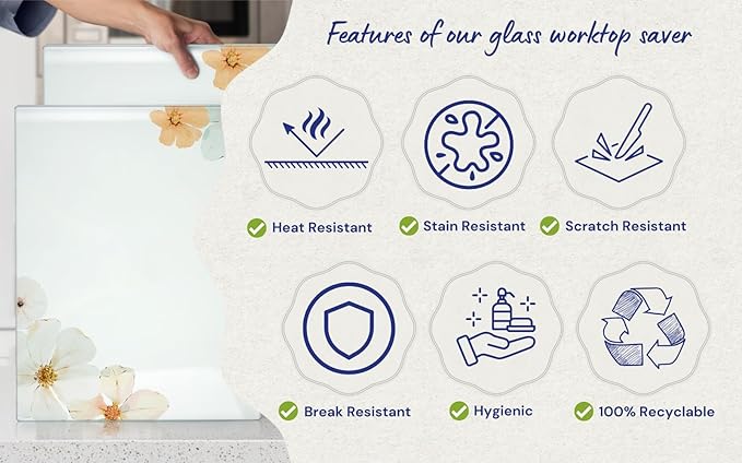 Glass Cutting Board 16"x12": Tempered Glass Kitchen Counter Protector - Durable- Scratch-Resistant, Heat-Proof - Design 5 - Floral Design