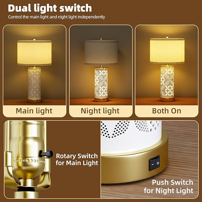 Ceramic Table Lamps Set of 2, UpDown Dual Light with USB C+A, 22"Bedroom Lamp&Beside Lamp with 3 Color Temperature for Bedroom and Living Room, Night Light for Nightstand and Desk Decor (With 2 Bulbs)
