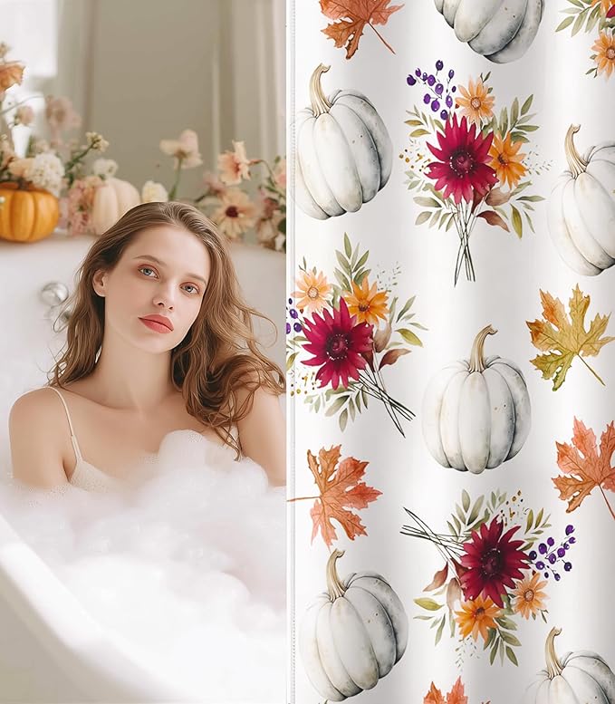 MAMUSE Fall Shower Curtain for Bathroom Stall Cute Decorative Waterproof Unique Design TeenWomen Cortinas de Baño Bathtub 72 x72 Inch, Pumpkins Flowers