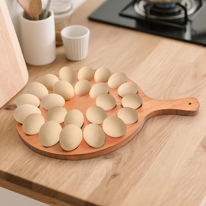 RERUICO Wood Deviled Egg Platter with Handles, 24 Holes Deviled Egg Serving Tray, Round Reversible Carrier for Kitchen Countertop,Easter Christmas,Thanksgiving