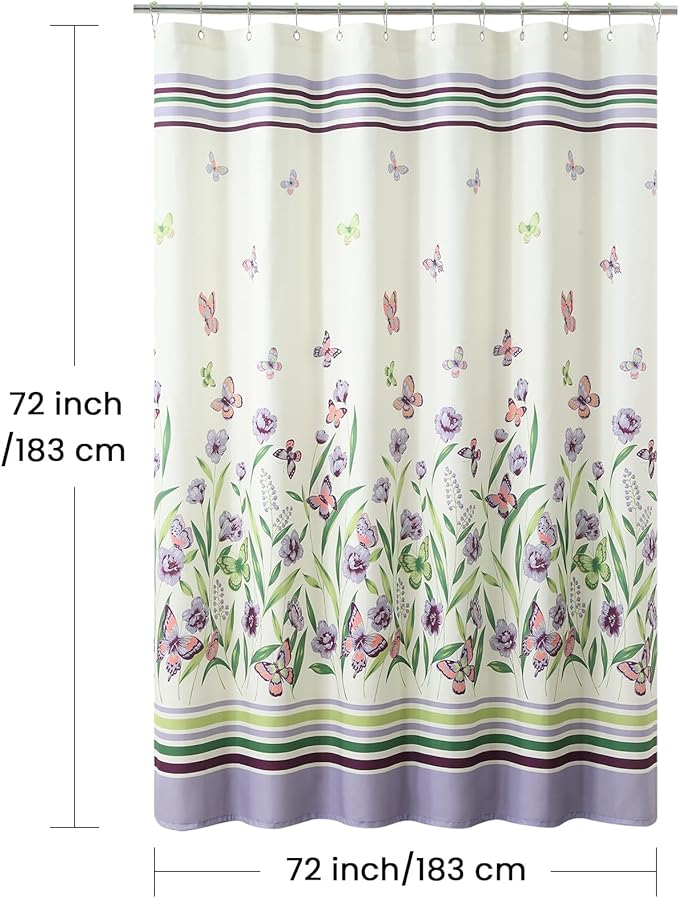 Fabric Shower Curtain, Butterfly Garden Flower Plant Shower Curtains for Bathroom, Purple and Cream Floral Bathroom Curtains, 72" W x 72" H