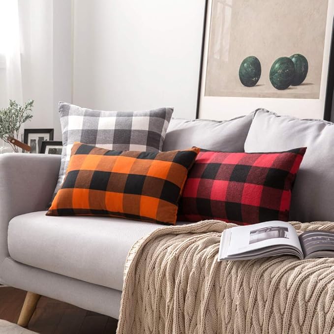 MIULEE Pack of 2 Christmas Classic Farmhouse Buffalo Check Plaids Polyester Linen Soft Solid Black and Red Decorative Porch Throw Pillow Covers Home Decor Cushion Case for Sofa Bedroom 12 x 20 Inch