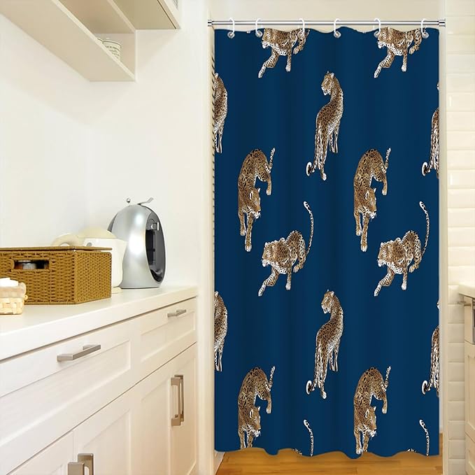Boho Leopard Cheetah Shower Curtain Theme Bathroom Bathtubs Fabric Tropical Forest Wildlife Animal Shower Curtain Set with 12 Hooks 36 x 72 inches Polyester Machine Washable, Brown Black and Blue