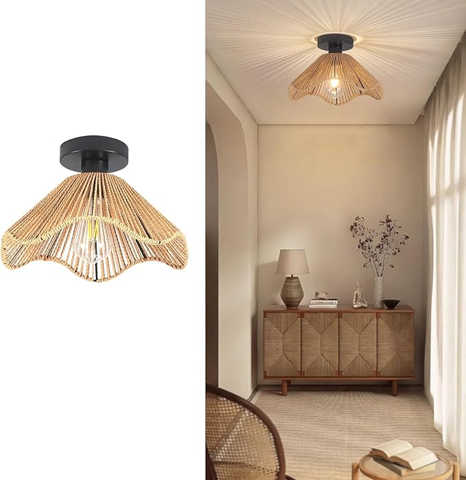Boho Rattan Ceiling Light Fixture, Mini Rattan Chandelier Lighting Fixture, Hand Woven Ceiling Light Fixtures for Hallway Bedroom Kitchen Entryway Living Room (Light Brown)