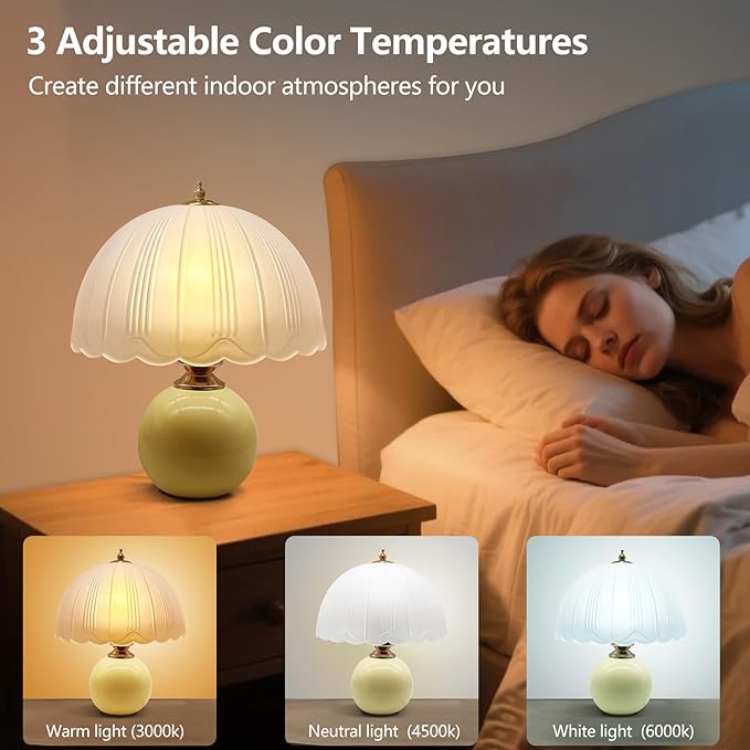 Mid Century Modern Table Lamp - Glass Mushroom Lamp with 3 Color Temps, 12" Vintage Bedside Lamp for Bedroom Living Room, Retro Desk Lamp with E26 Bulb