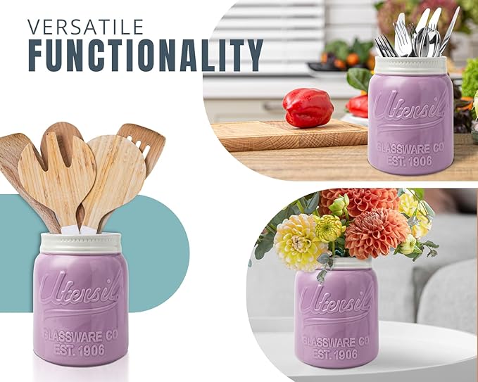 Comfify Wide Mouth Mason Jar Utensil Holder Decorative Kitchenware Organizer Crock, Dishwasher Safe - Kitchen Caddy Purple, Large Size 7" Hight