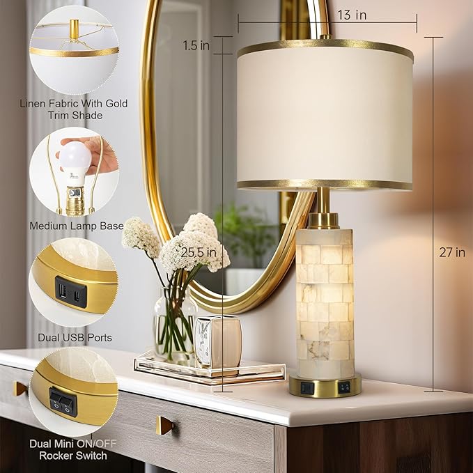 27" Natural Alabaster Table Lamps Set of 2, Lamps for Living Room Bedroom,Bedside Lamps with Night Light,Nightstand Lamp with USB A+C Ports,Modern Table Lamp with Linen Shade (Bulbs Included)