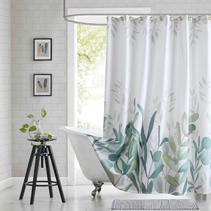 Extra Long Fabric Shower Curtain, Sage Green Plant Botanical Eucalyptus Leaves Print Shower Curtains for Bathroom, 72" W x 84" H