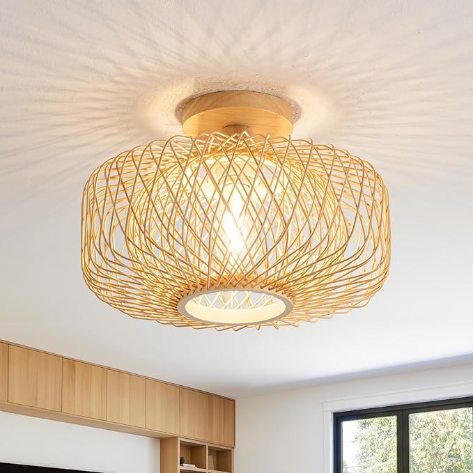 13" Boho Rattan Ceiling Light Fixture - Hand-Woven Natural Bamboo & Wood, Flush Mount Farmhouse Lighting for Bedroom, Living Room, Hallway, Kitchen, Entryway (Gold Finish, E26 Base)