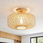 13" Boho Rattan Ceiling Light Fixture - Hand-Woven Natural Bamboo & Wood, Flush Mount Farmhouse Lighting for Bedroom, Living Room, Hallway, Kitchen, Entryway (Gold Finish, E26 Base)