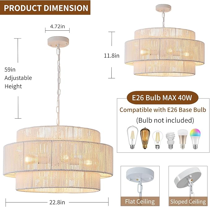 3-Tier Large Rattan Chandelier, 22.8in White Boho Coastal Pendant Lights, Woven Hemp Rope Hanging Ceiling Lights, Wicker Lighting Fixture for Kitchen Island, Dining Room, Living Room