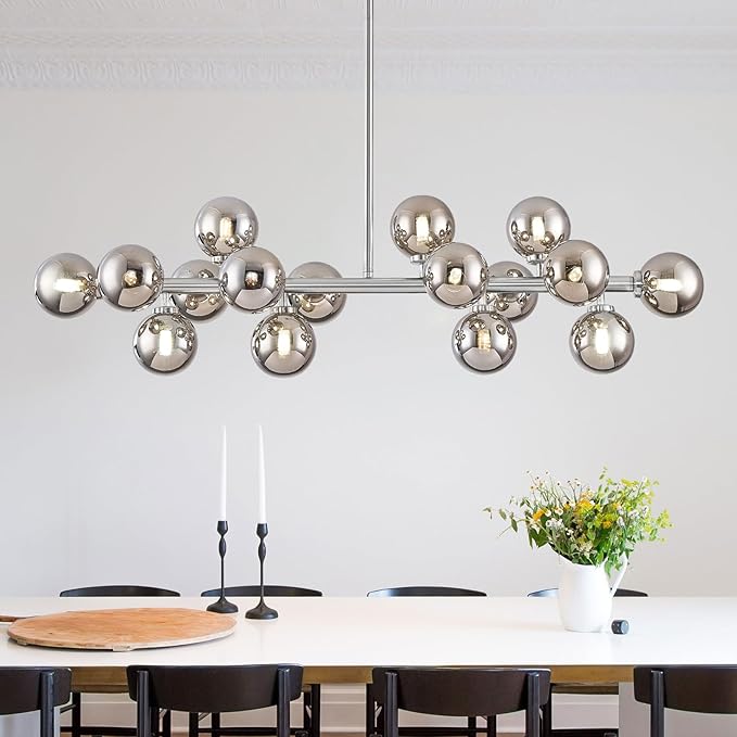 16-Light Globe Sputnik Chandelier, Mid Century Modern Light Fixture Over Table, Chrome Silver Linear Chandeliers for Dining Room and Kitchen Island (Smoke Grey Glass Bubble Shades, 40 Inch)