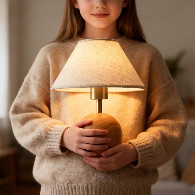 Table Lamp for Living Room,Wood Base Flaxen Fabric Shade Desk Lamp for Bedroom,Small Décor Ambient Bedside Lamps for Night Stands,LED Bulb (not Included)