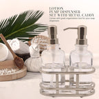 3 Piece Round Heavy Weight Glass Soap Lotion Pump Dispenser Set with Metal Caddy for Home Bath Kitchen Travel Office Hand Crafted Metal Tray Nickel