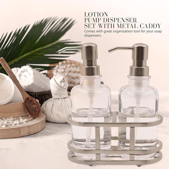 3 Piece Round Heavy Weight Glass Soap Lotion Pump Dispenser Set with Metal Caddy for Home Bath Kitchen Travel Office Hand Crafted Metal Tray Nickel