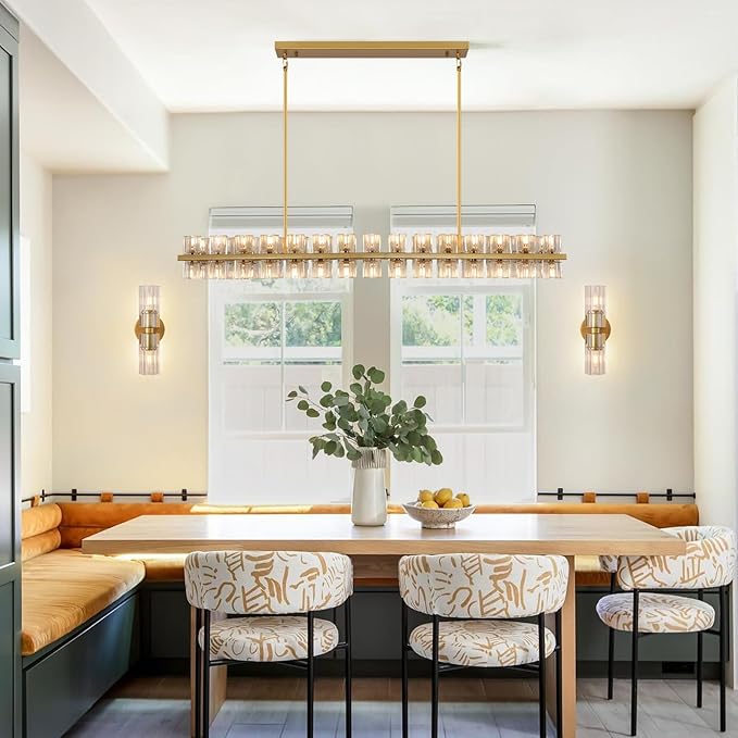 Crystal Gold Rectangular Chandelier for Dining Room,54in Dining Chandeliers Over Table,Modern Chandelier for Dining Room,Arcachon Chandelier Kitchen Island Chandeliers,Includes 60XG4 Bulbs