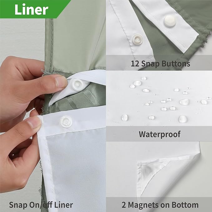 no Hook Shower Curtain and Liner Set，Boho Style with See Through Top Window, SageGreen Fabric Tufted Striped Textured Outer Curtain & Waterproof Inner Liner, SageGreen, 71Wx77H