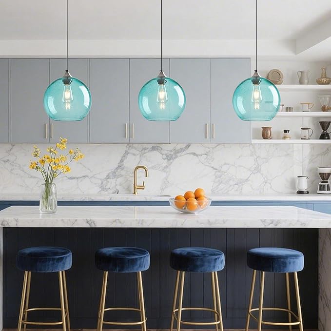 Light Blue Glass Pendant Lights Kitchen Island Globe Pendant Light Fixtures Modern Pendant Lighting for Bedroom Living Dining Room Light Fixture (9.84 in, 3 Pack)