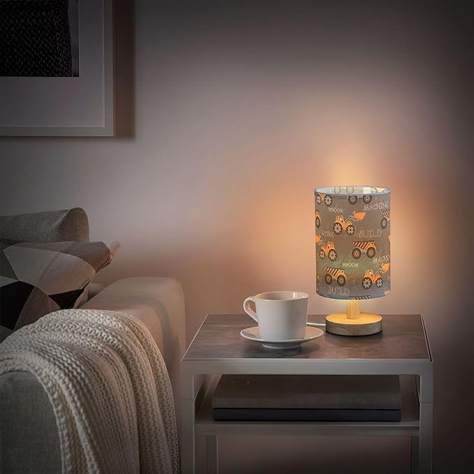 Table Lamp Construction Car Truck Excavator Nightstand Lamp with Wood Base Fabric Lamp Shade Bedside Desk Lamp for Living Room Bedroom Kids Room Office
