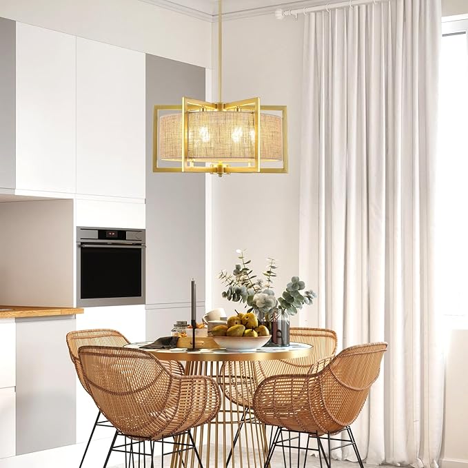 ALISADABOY Sprayed Gold Chandelier for Dining Room 21.25’’ Modern Farmhouse Geometric Drum Chandelier Industrial 6 Light Pendant Light Fixtures for Kitchen Island Entryway Foyer Hallway