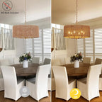 Hand-Woven Rattan Chandelier Vintage Farmhouse Boho Bamboo Golden Chandelier Light Fixture Retro Drum Wicker Gold Chandeliers for Dining Room, Kitchen Island, Living Room