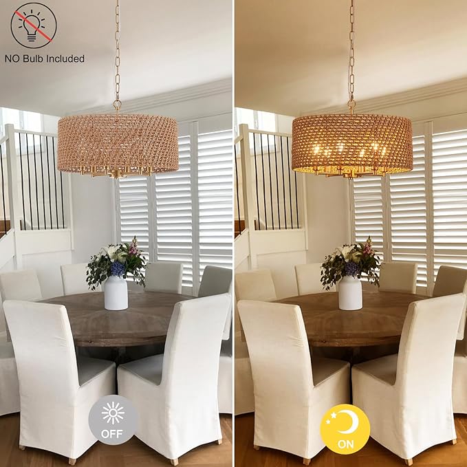Hand-Woven Rattan Chandelier Vintage Farmhouse Boho Bamboo Golden Chandelier Light Fixture Retro Drum Wicker Gold Chandeliers for Dining Room, Kitchen Island, Living Room
