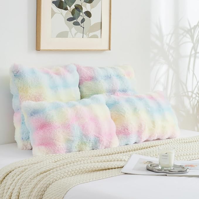 FUTEI Rainbow Decorative Throw Pillow Covers 26x26 Inch Set of 2,Soft Fuzzy Faux Rabbit Fur Euro Pillow Shams with Raised Texture,Neutral Boho Home Decor for Couch Bed Living Room