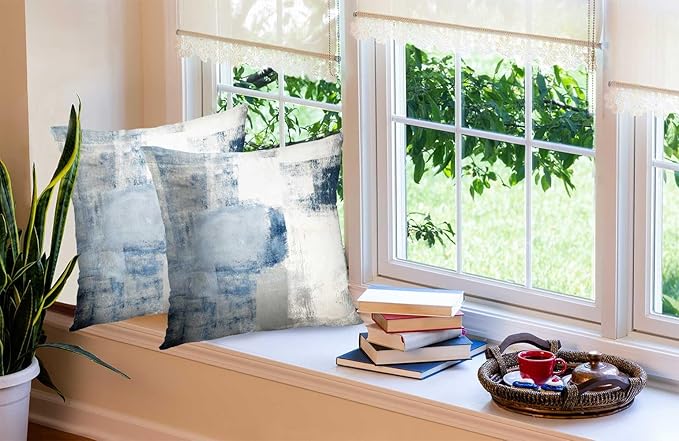 CAPSCEOLL Navy Blue Grey Throw Pillow Covers,Gray White Modern Abstract Art Painting Throw Pillows for Couch,Blue Decorative Pillow Covers 16X16 Inch 2 Pcs Square Cushion Cover Gift for Couch Sofa